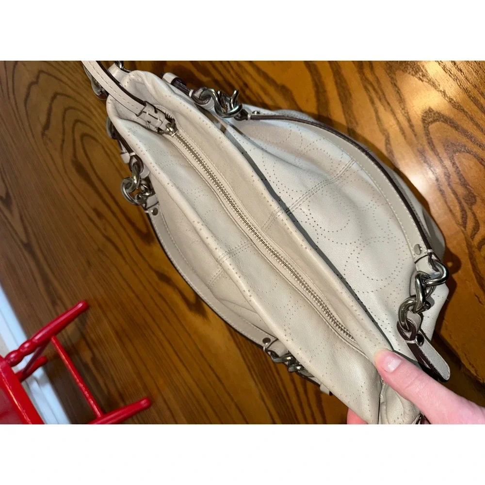 Coach Perforated Signature Leather Shoulder Bag Off White Silver Hardware Hobo